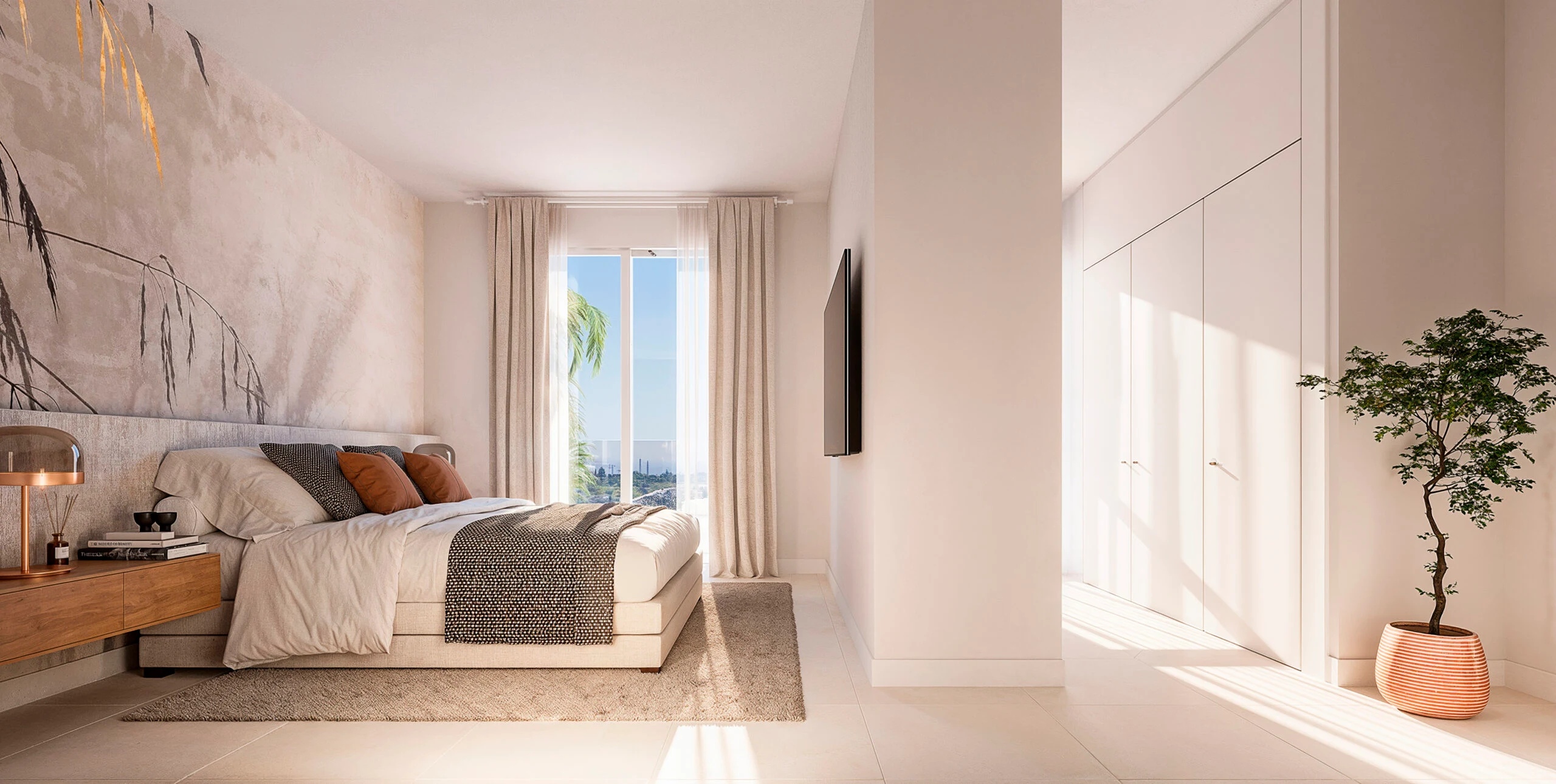 Illustrative bedroom with fitted wardrobes