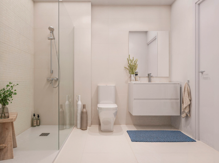 Illustrative modern bathroom with walk-in shower