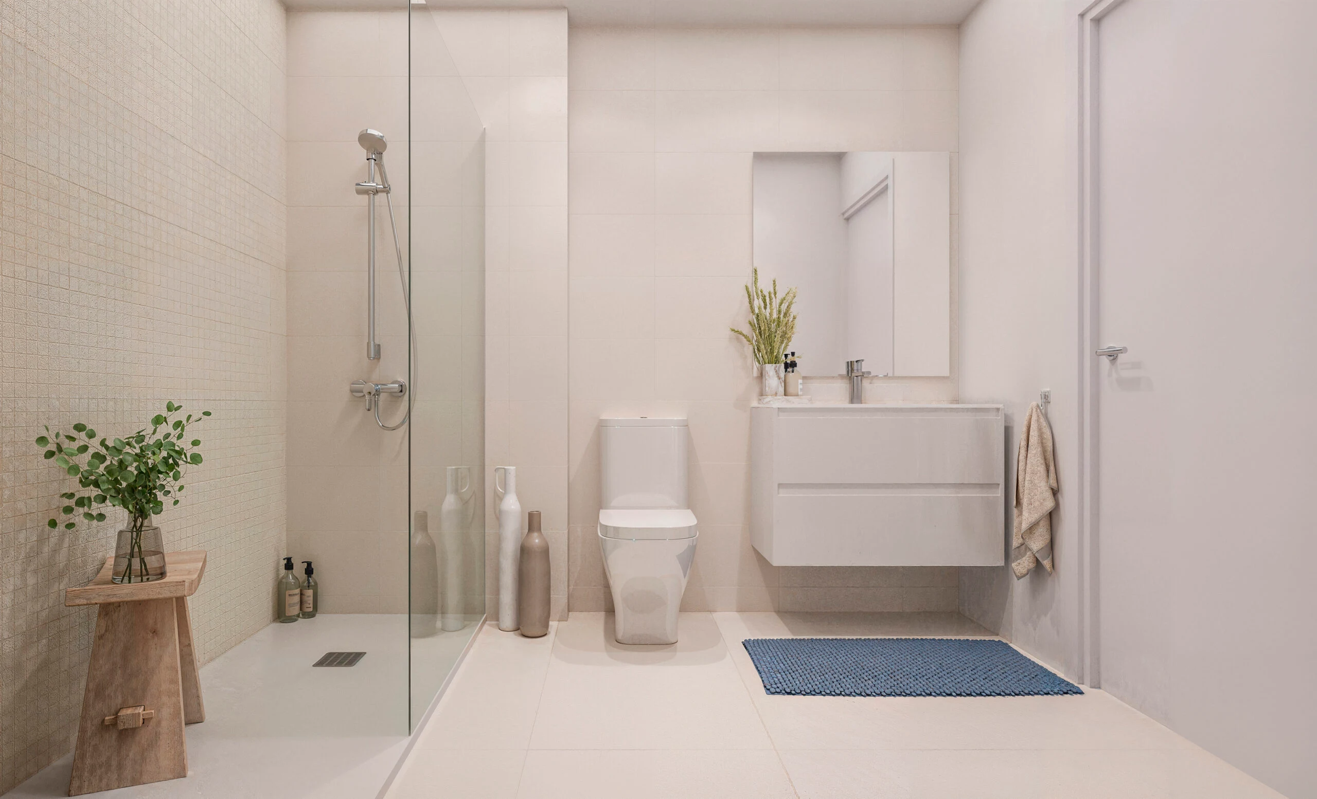 Illustrative modern bathroom with walk-in shower