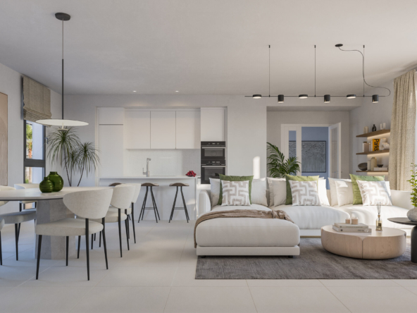Illustration of a representative living room and fitted kitchen
