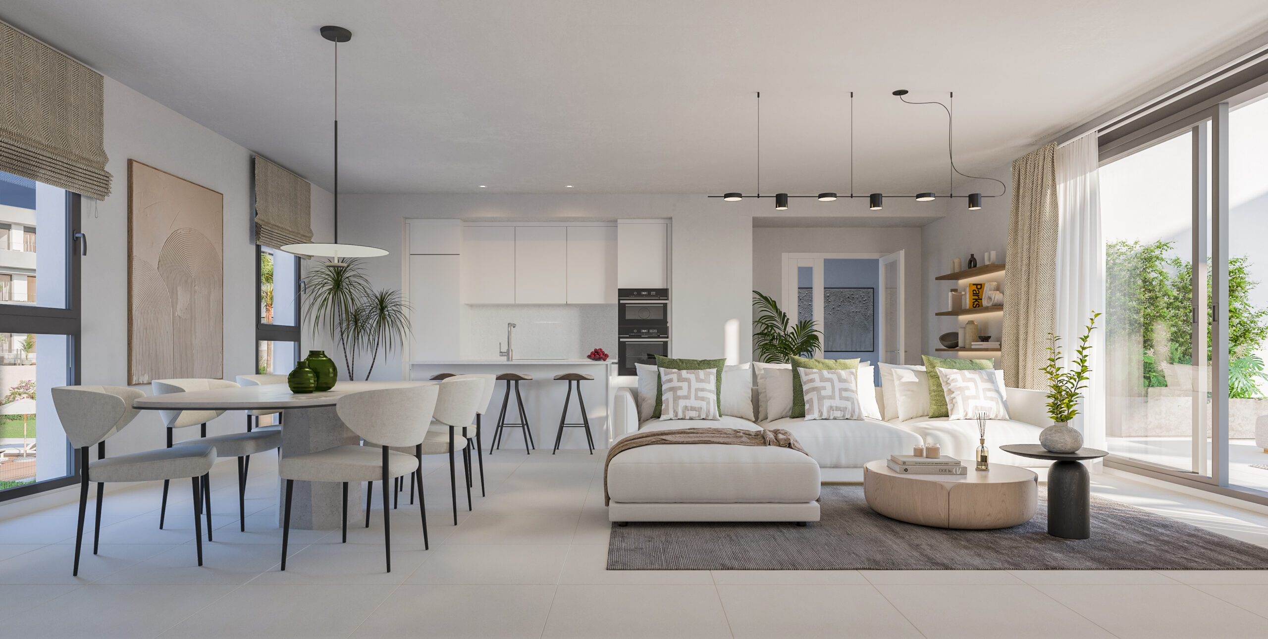 Illustration of a representative living room and fitted kitchen