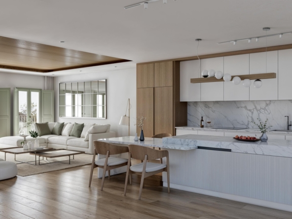 Illustrative open-plan living room and fitted kitchen in Estepona Old Town
