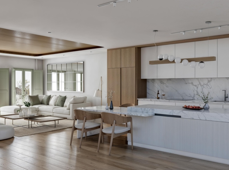 Illustrative open-plan living room and fitted kitchen in Estepona Old Town