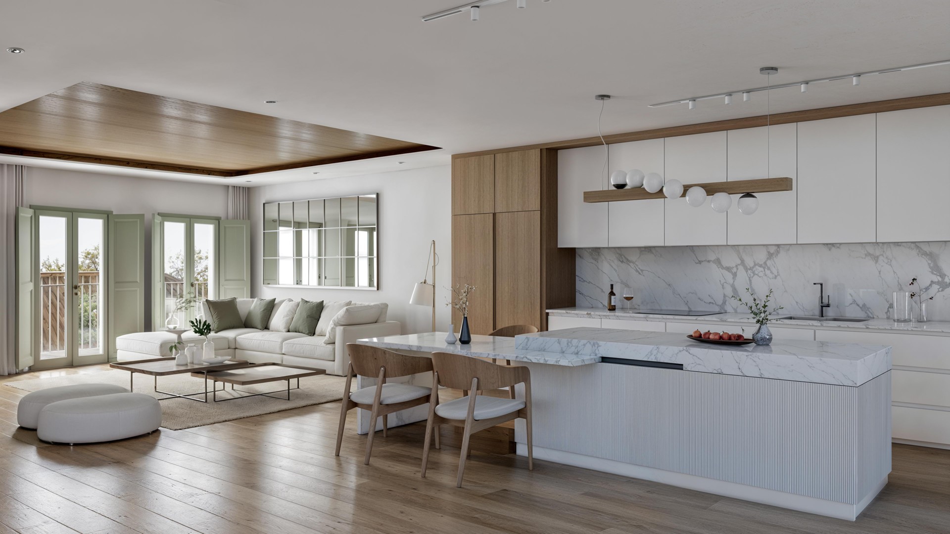Illustrative open-plan living room and fitted kitchen in Estepona Old Town