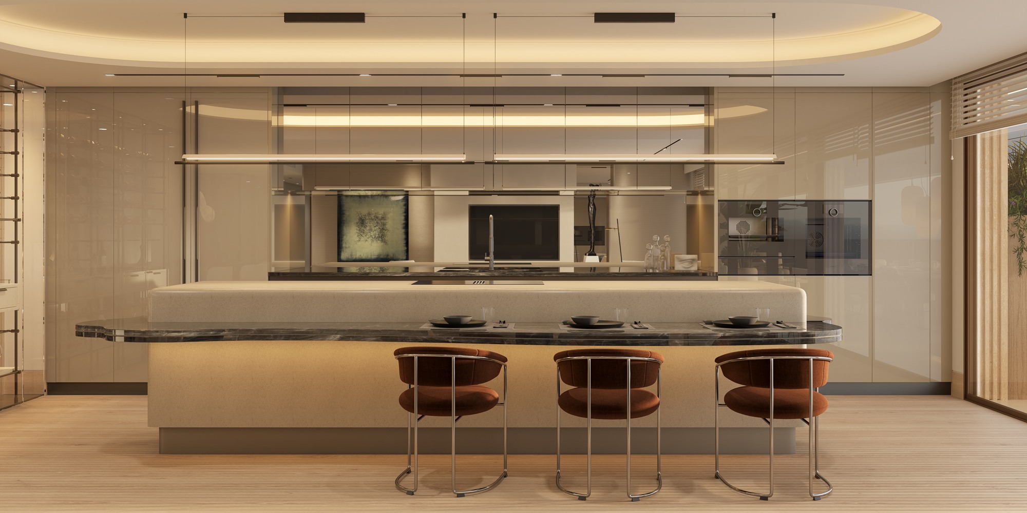 Illustrative open kitchen in a seafront Estepona apartment