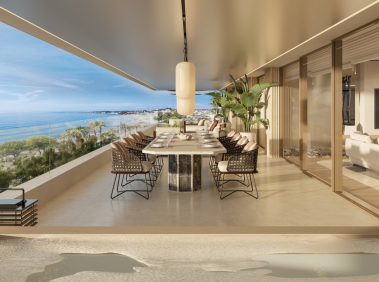 Illustrative terrace dining area beside a seafront apartment in Estepona