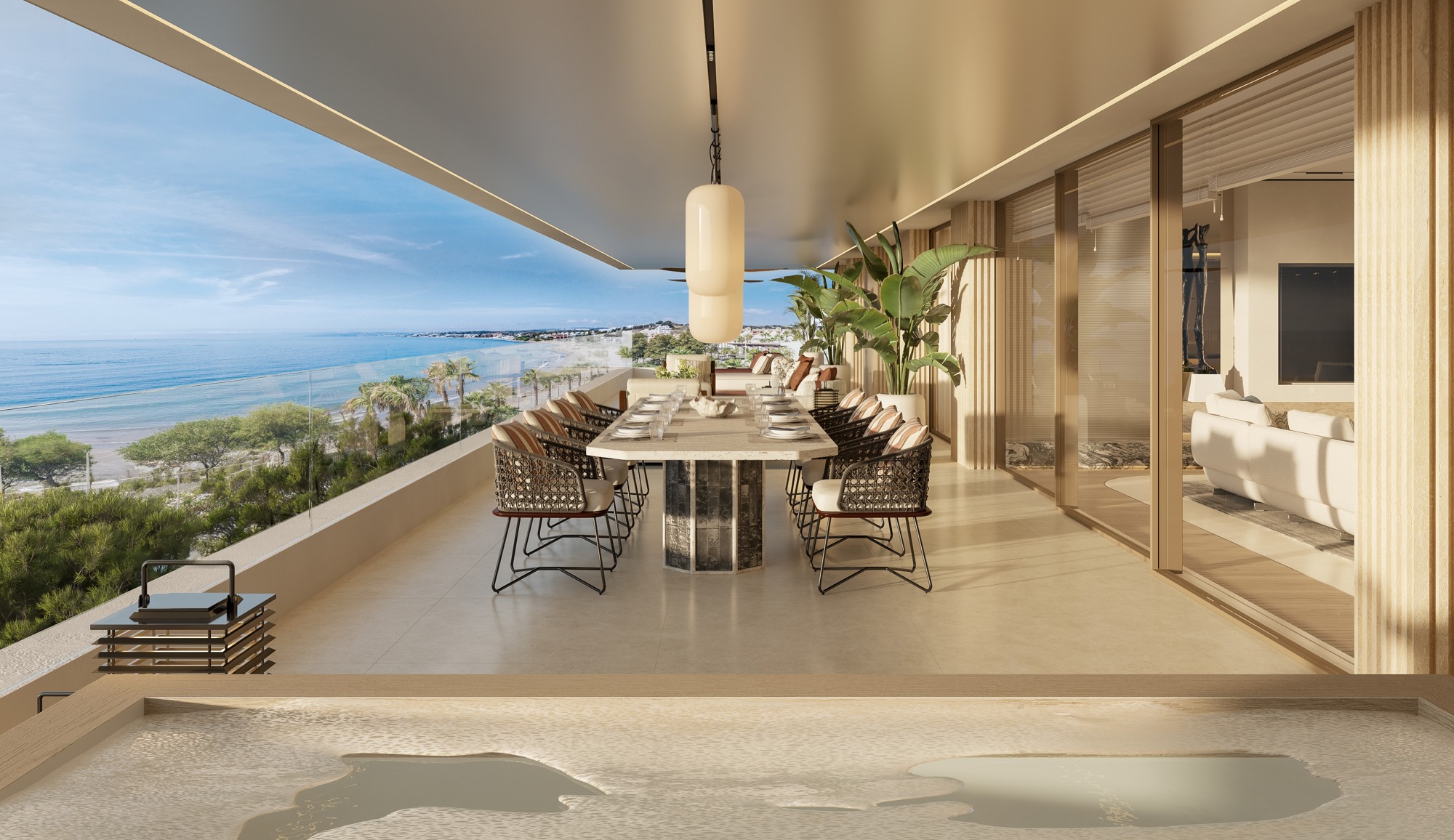 Illustrative terrace dining area beside a seafront apartment in Estepona