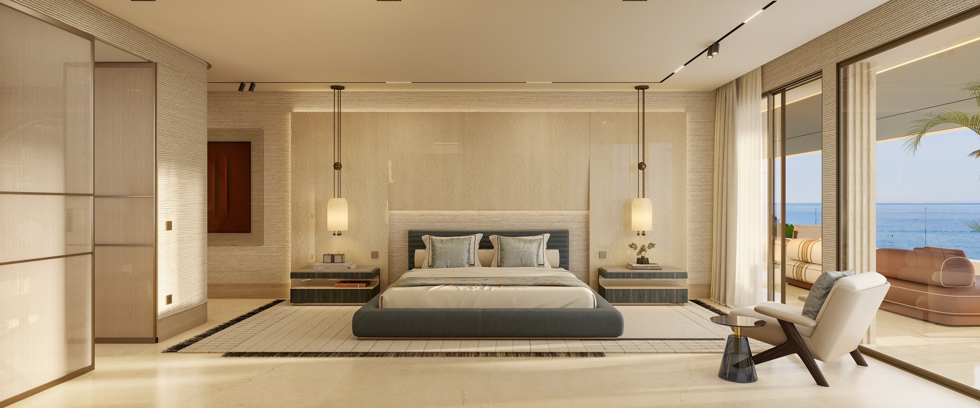 Illustrative principal bedroom in a seafront Estepona residence