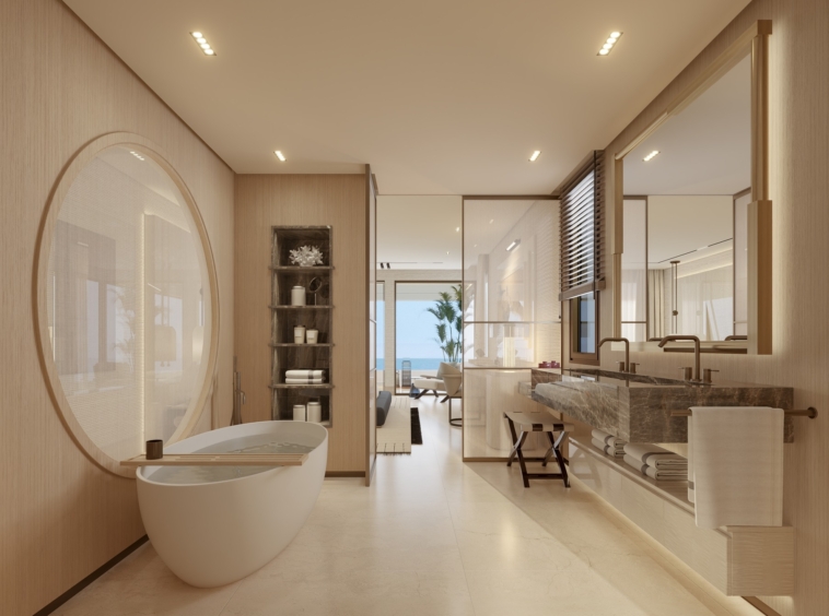 Illustrative bathroom interior with freestanding bath