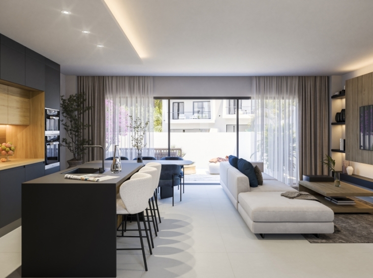 Illustrative living room and fitted kitchen