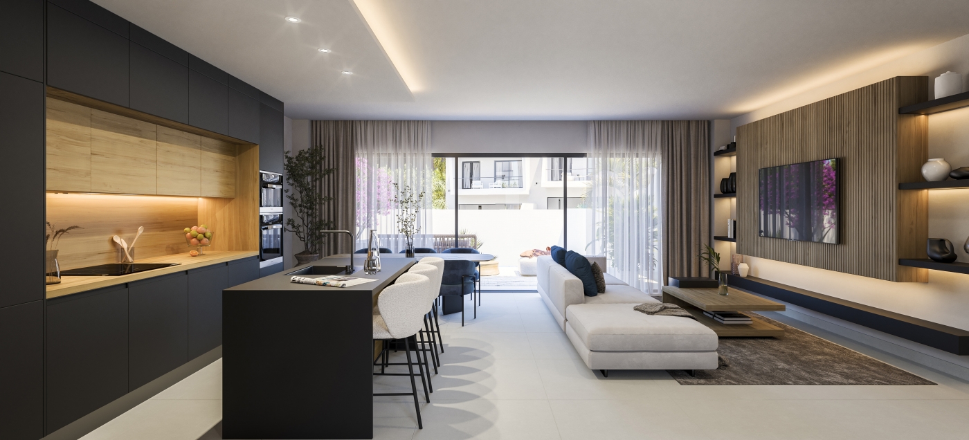 Illustrative living room and fitted kitchen