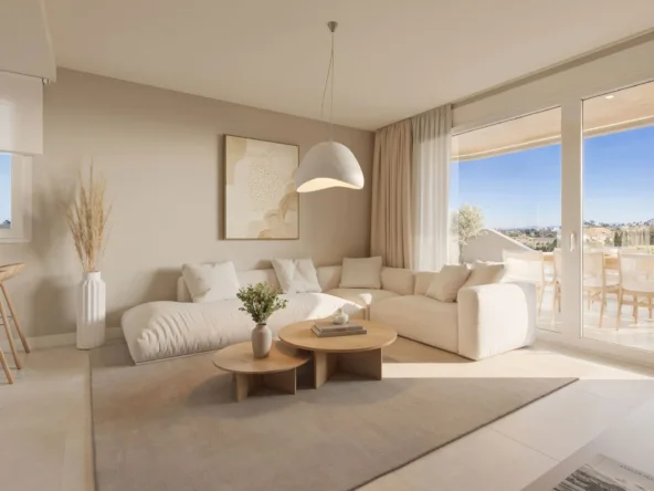 Illustrative living room opening to a terrace