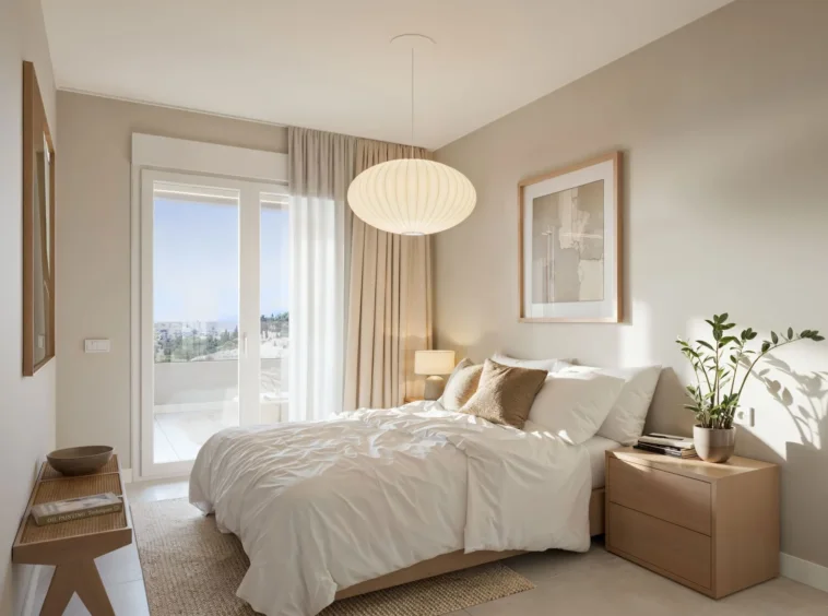 Illustrative bedroom with large windows