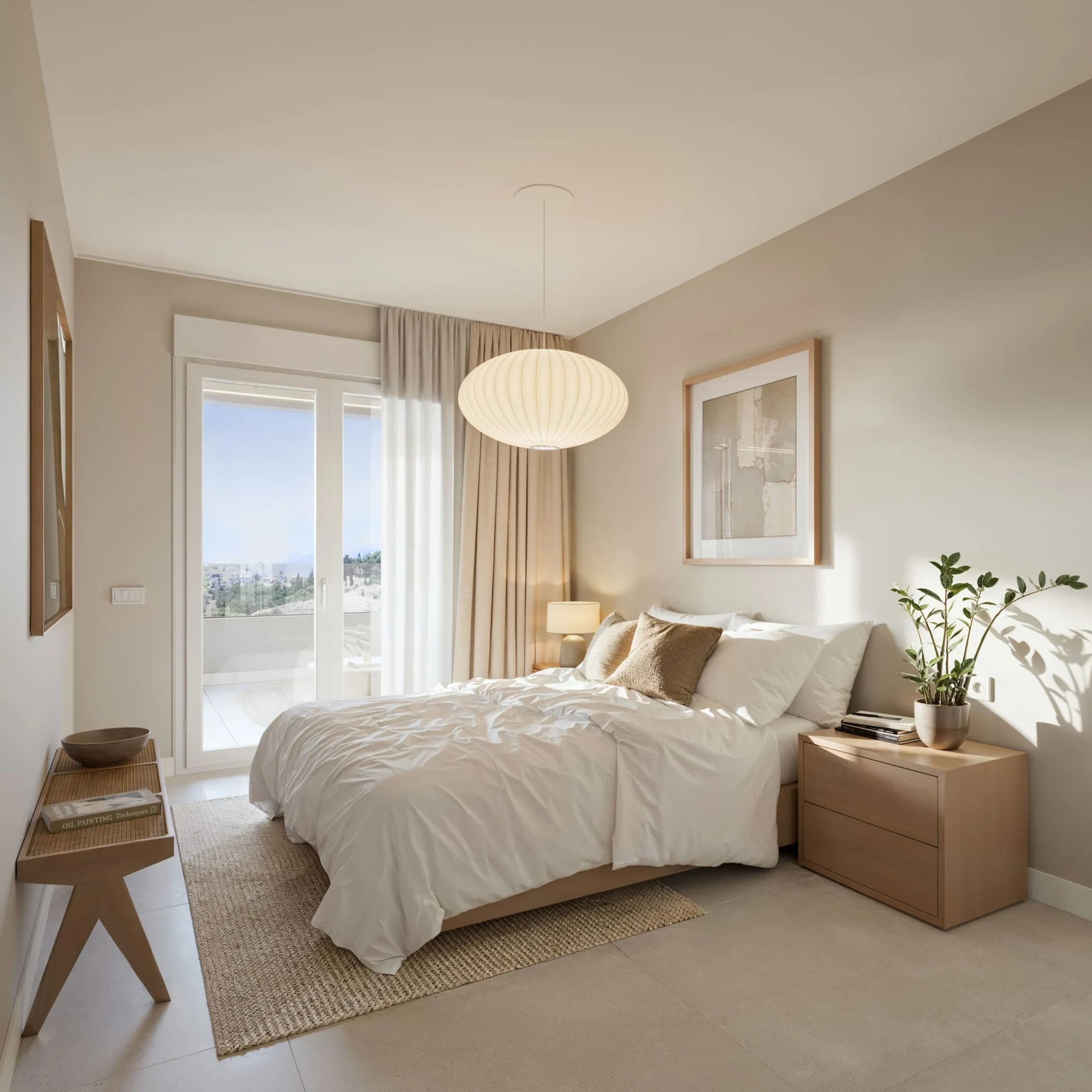 Illustrative bedroom with large windows