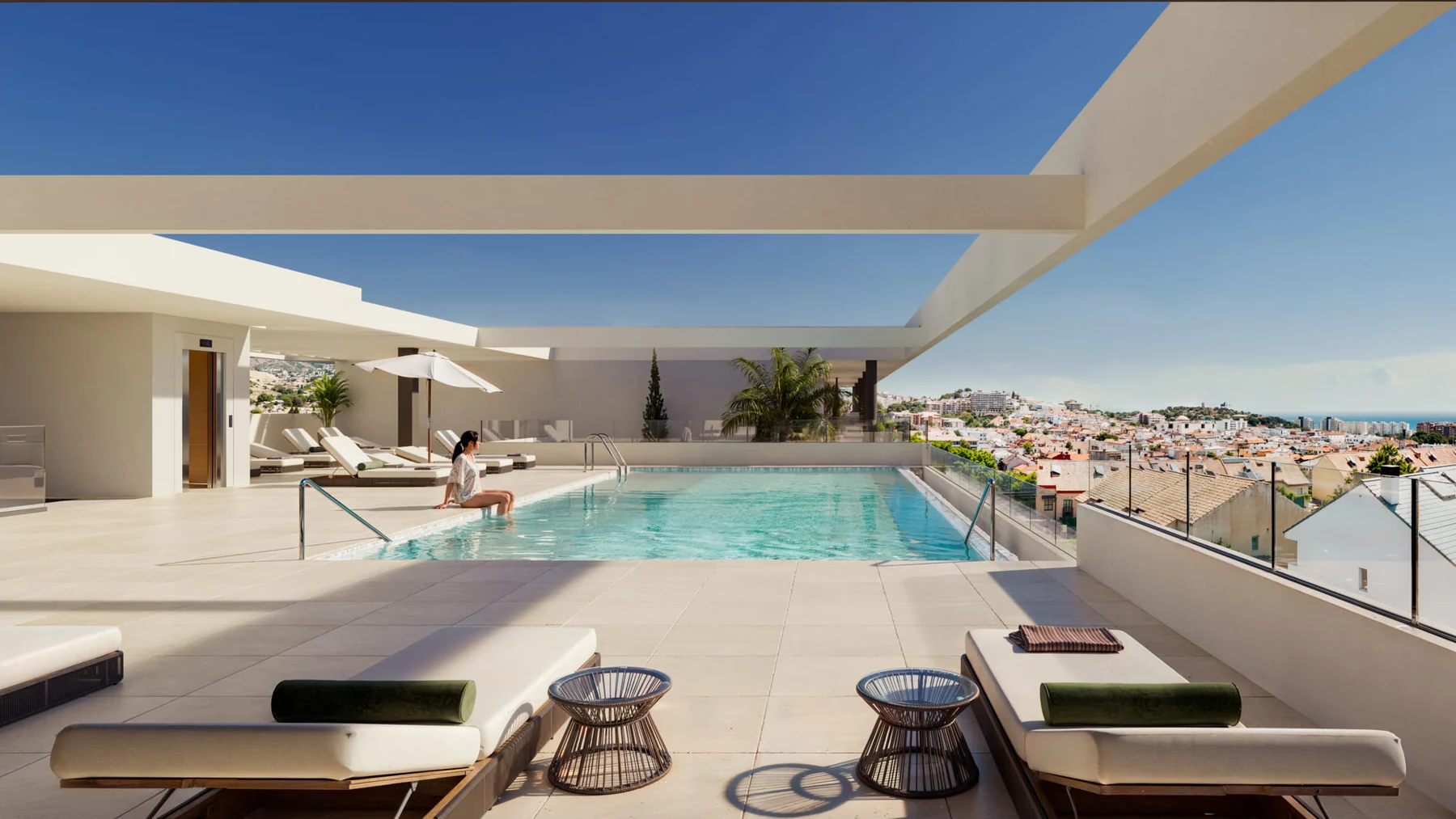 Communal rooftop pool and relaxation area — illustration
