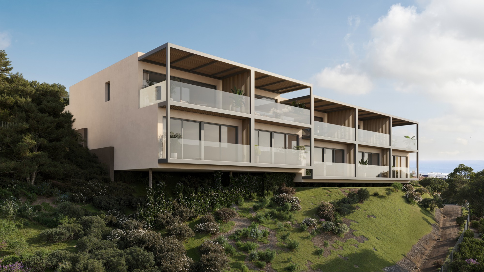 Architectural illustration of contemporary townhouses in El Higueron, Fuengirola