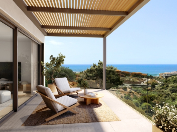 Illustrated covered terrace overlooking the coast