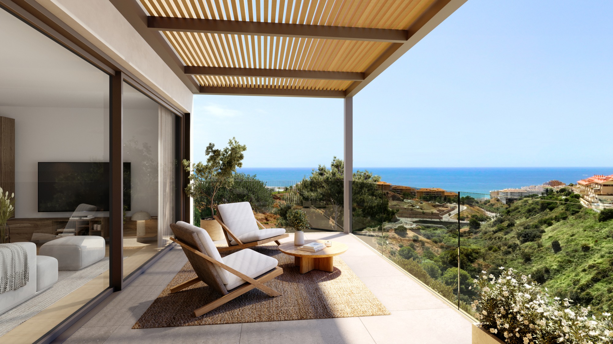 Illustrated covered terrace overlooking the coast