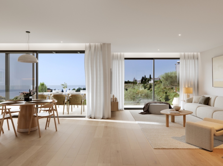 Illustrated open-plan living and dining room