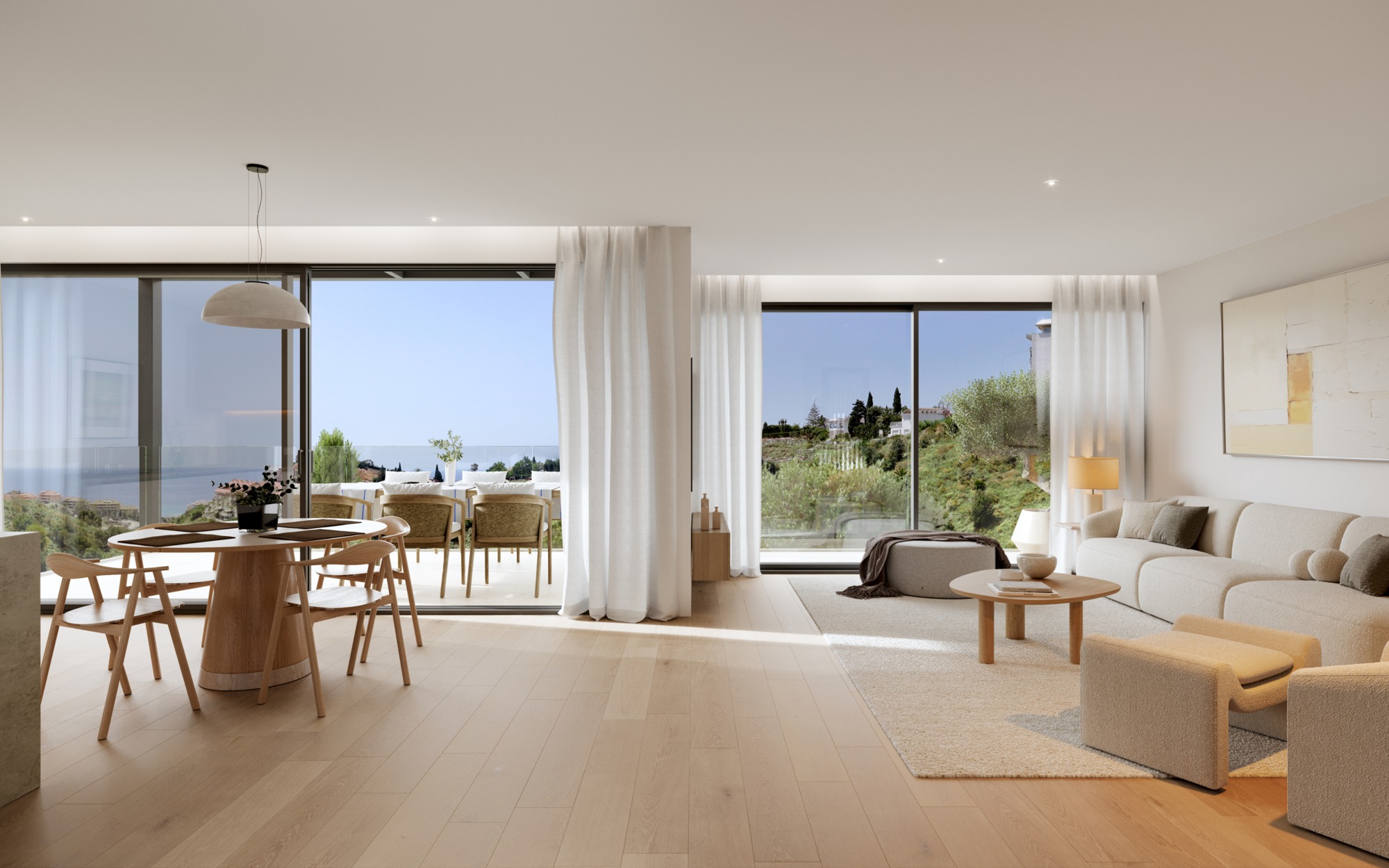 Illustrated open-plan living and dining room