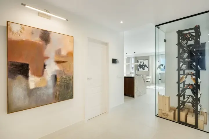Hallway with decorative wine storage
