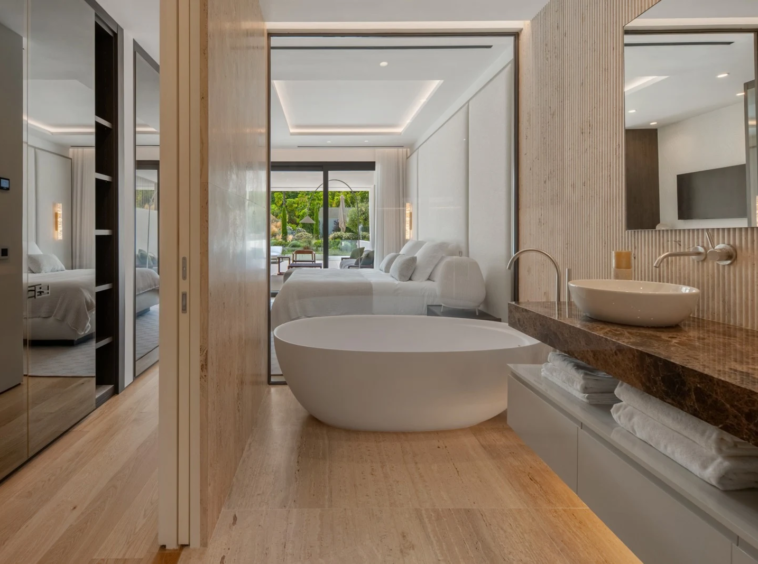 Bathroom with freestanding bath and walk-in shower