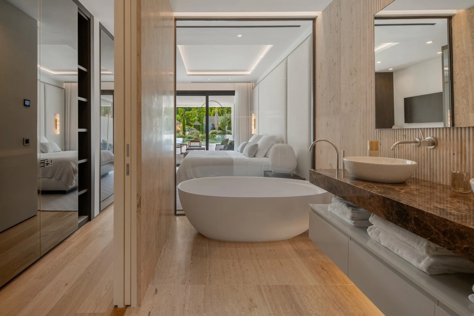 Bathroom with freestanding bath and walk-in shower