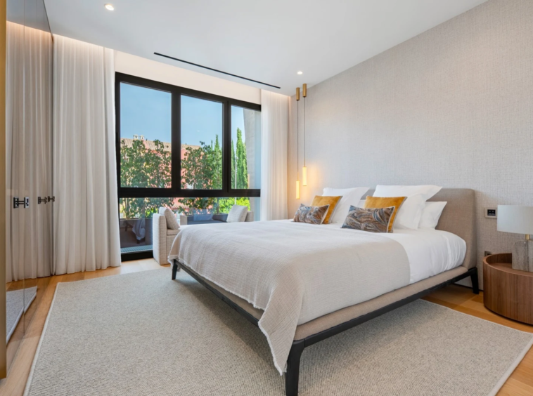 Guest bedroom overlooking the landscaped gardens
