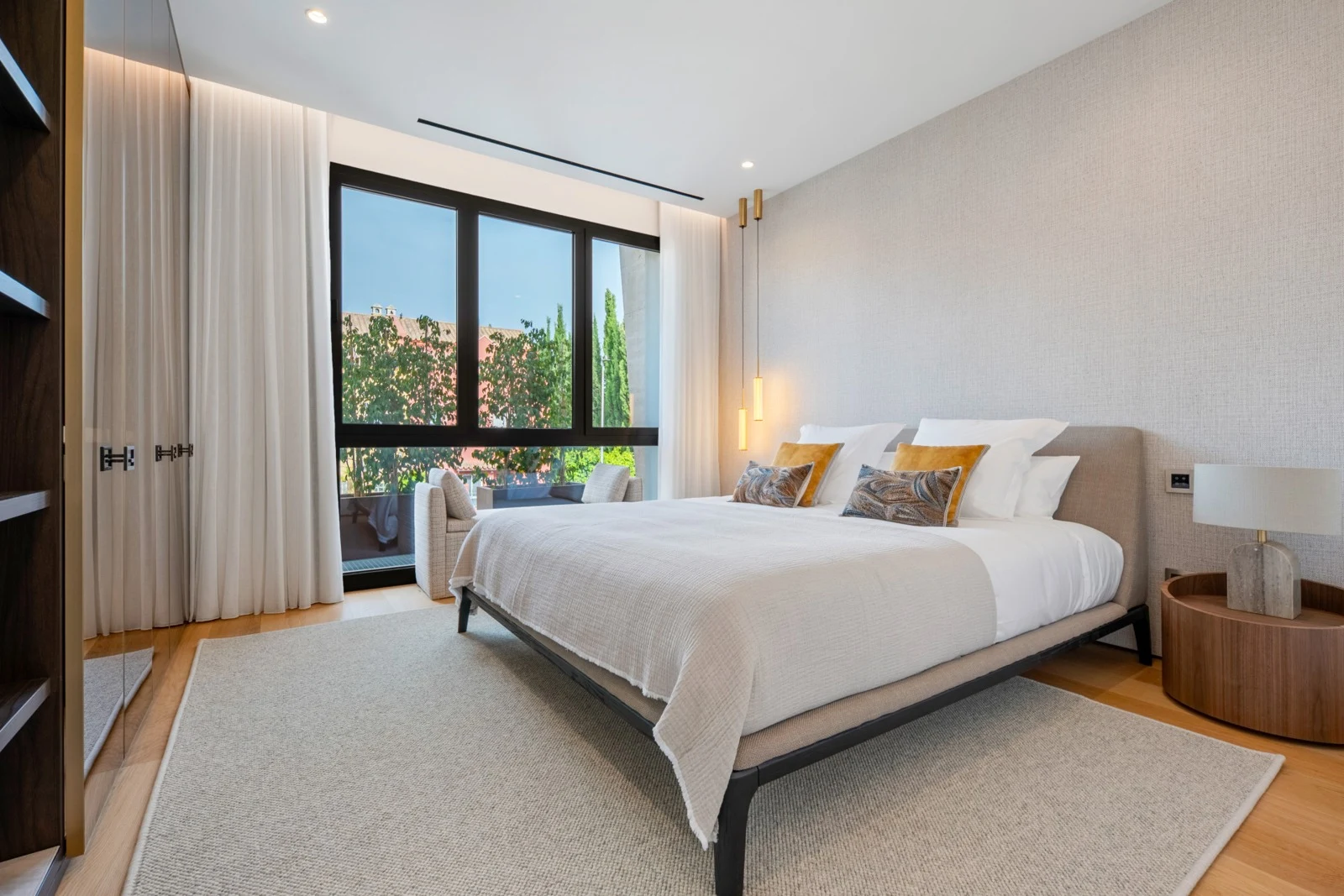 Guest bedroom overlooking the landscaped gardens