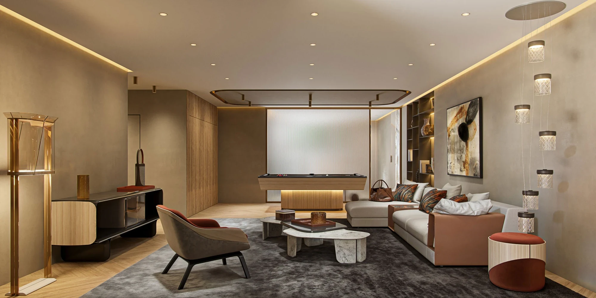 Illustrative lower-level lounge