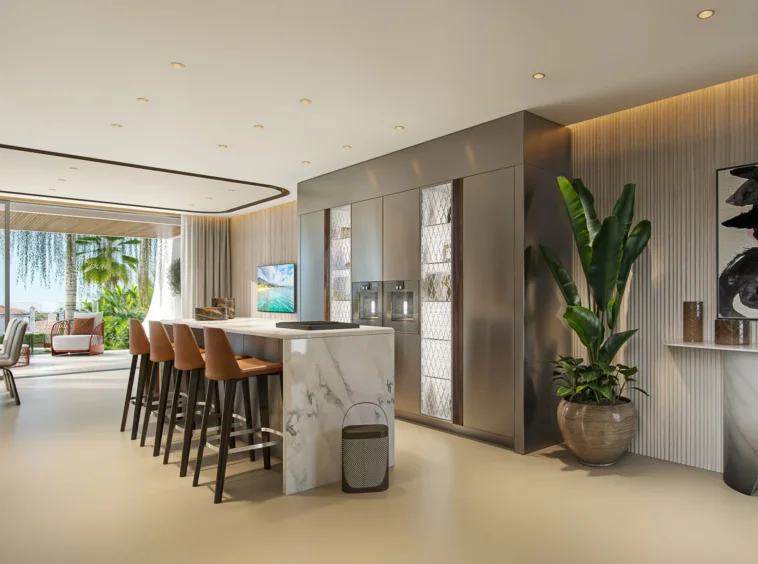 Illustrative kitchen with island and living area