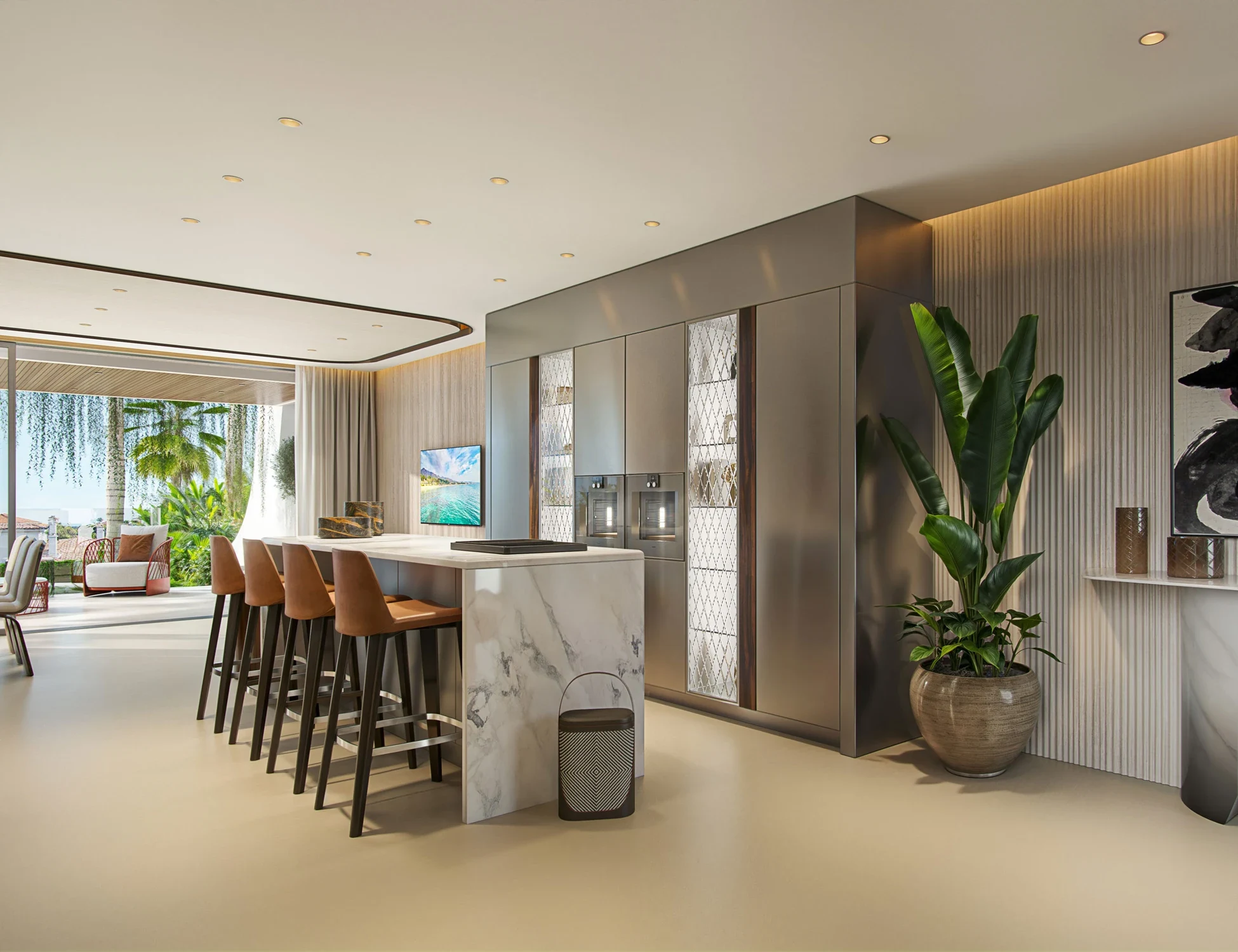 Illustrative kitchen with island and living area