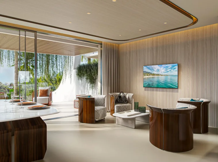 Illustrative living and dining area opening onto a terrace
