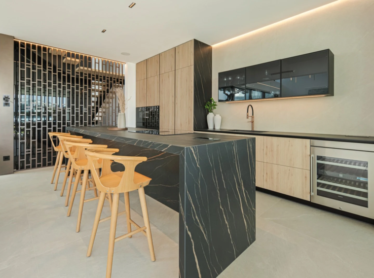 Modern kitchen island with breakfast seating