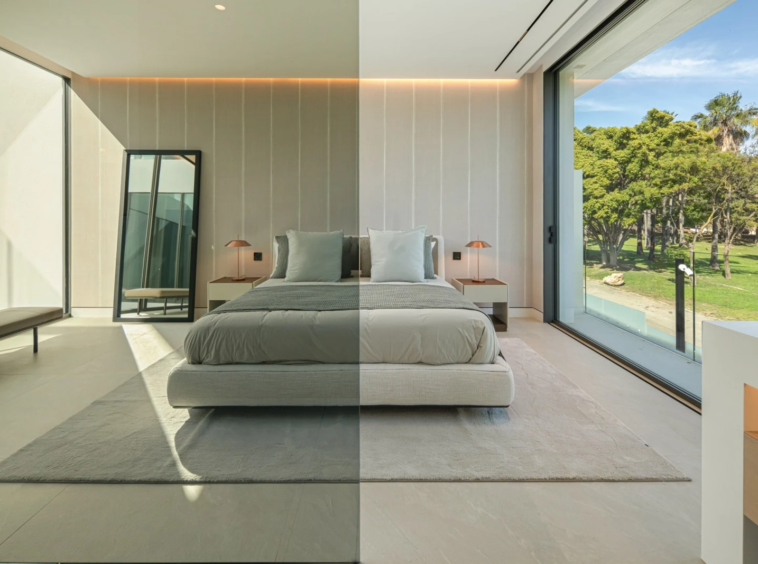 Bedroom with integrated lighting and private terrace access