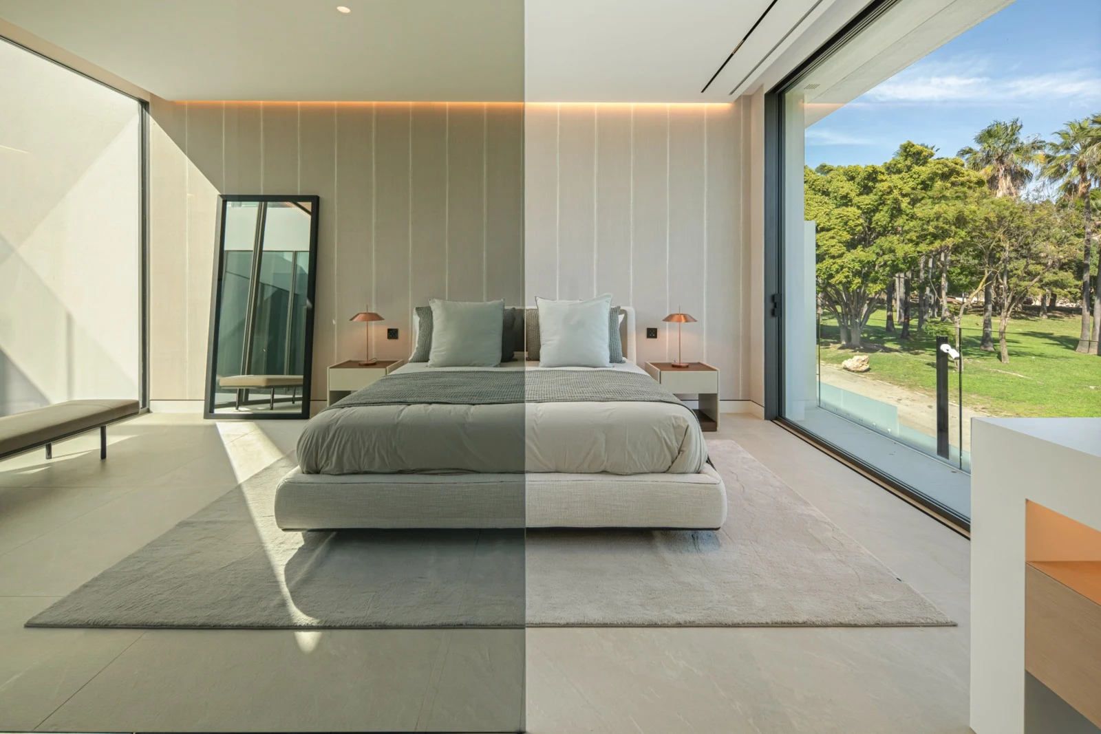 Bedroom with integrated lighting and private terrace access