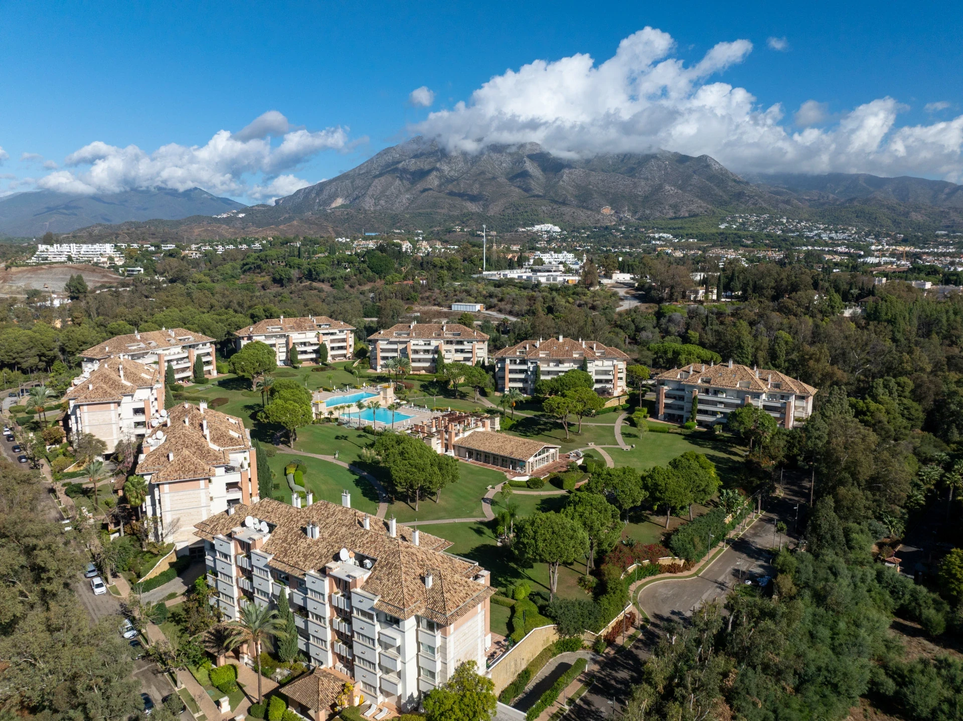 Aerial view of communal gardens and the mountain backdrop