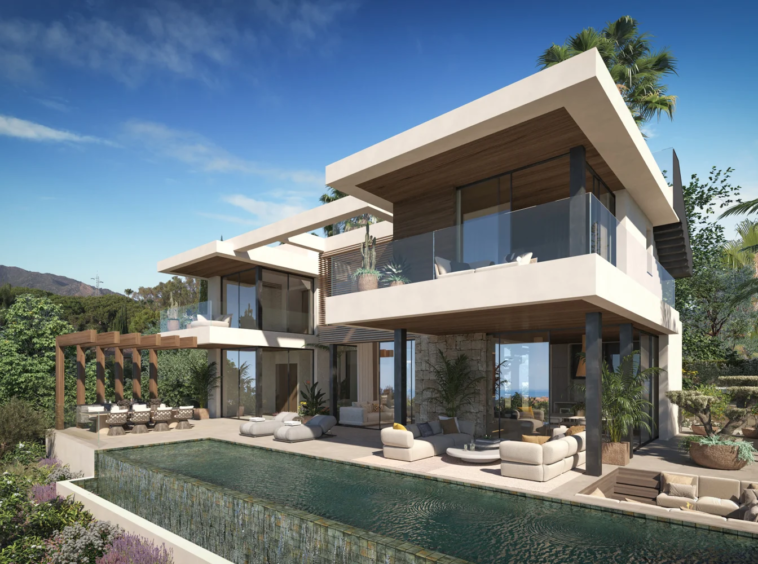 Illustrative garden view of the proposed villa and pool
