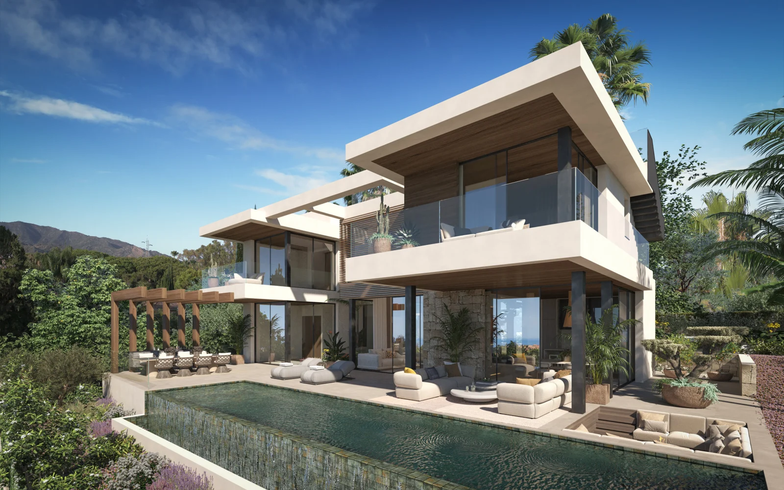Illustrative garden view of the proposed villa and pool