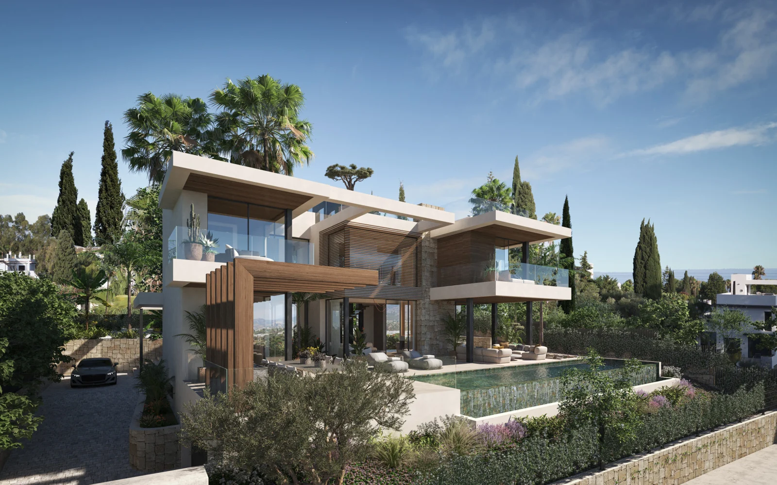 Illustration of the proposed villa architecture and garden