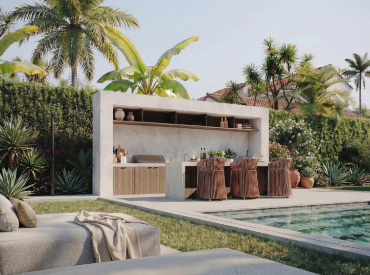 Illustrative outdoor bar beside the pool