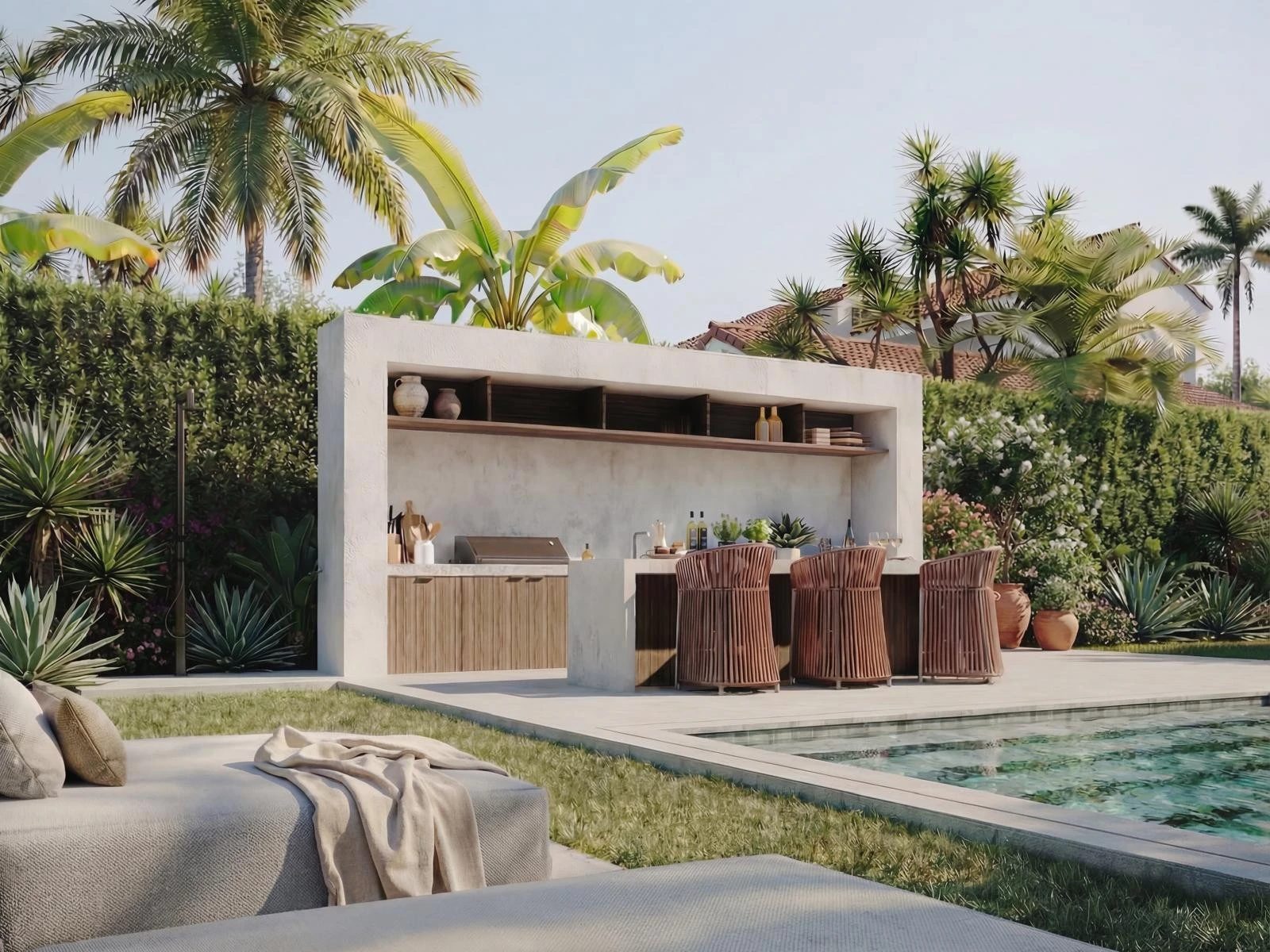 Illustrative outdoor bar beside the pool