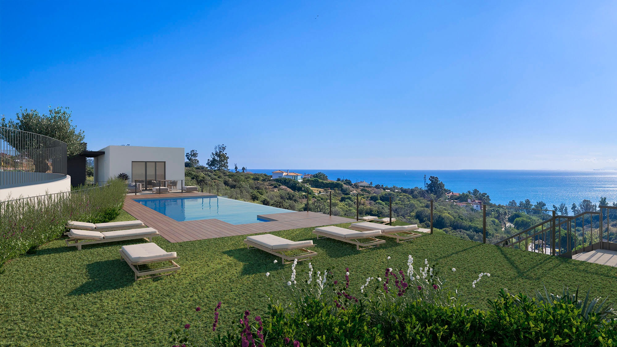 Illustration of the communal infinity pool and coastal views