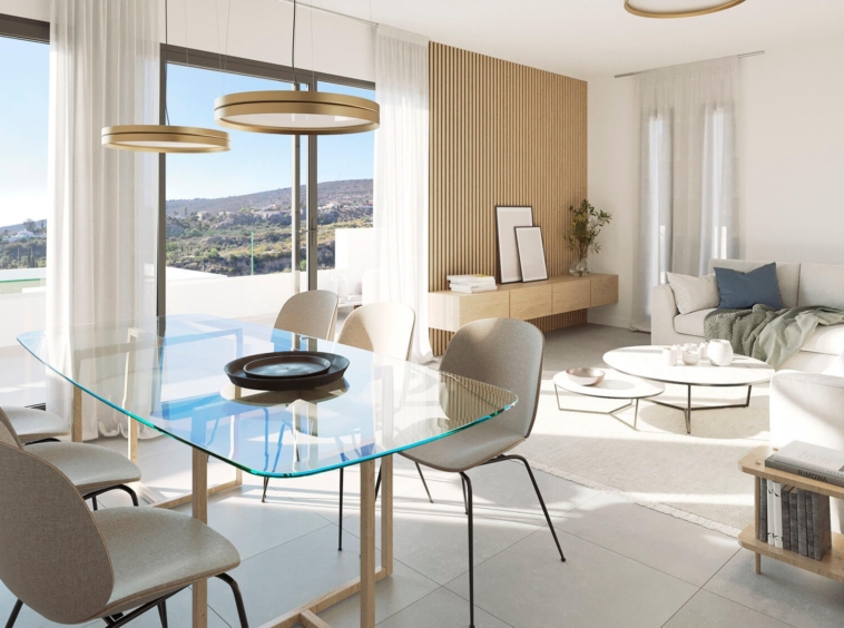 Illustration of a bright open-plan dining and living room