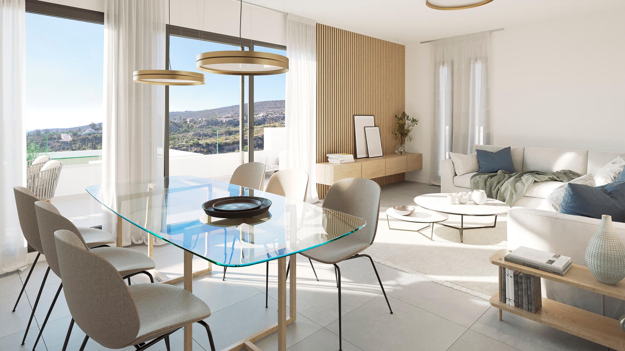 Illustration of a bright open-plan dining and living room