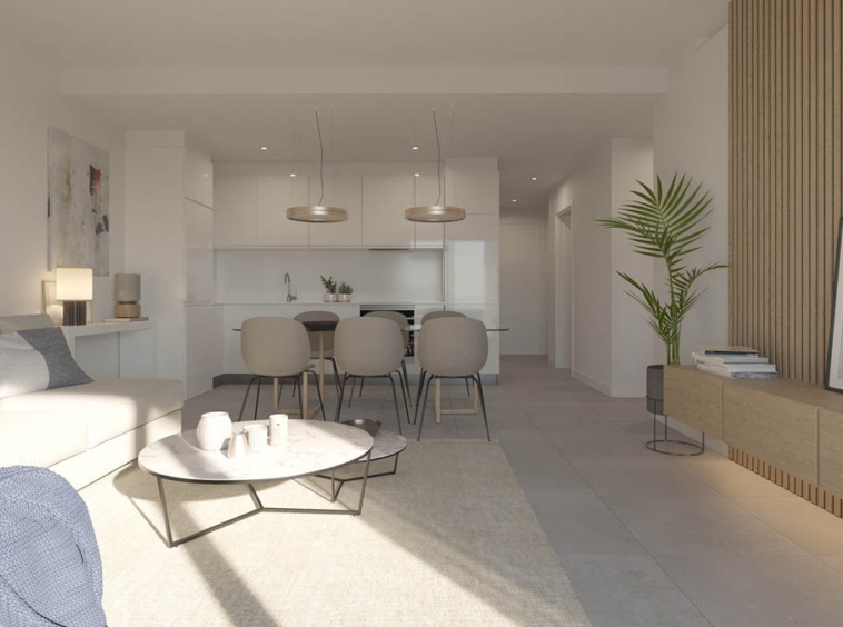 Illustration of a fitted kitchen and living area