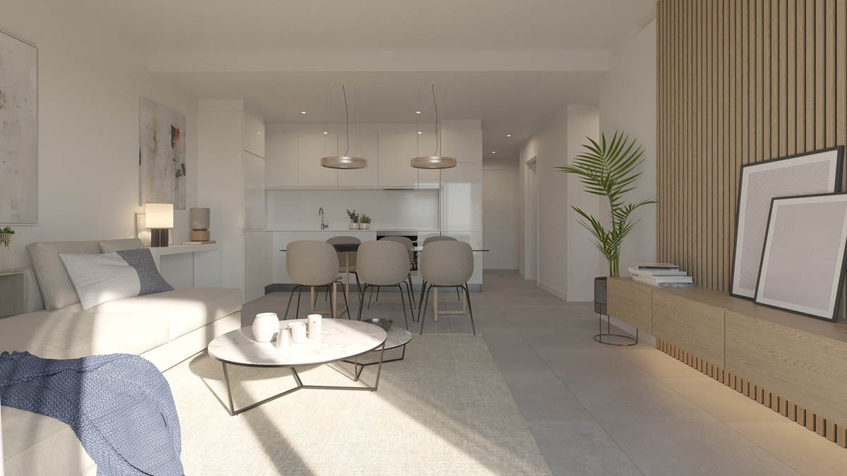 Illustration of a fitted kitchen and living area