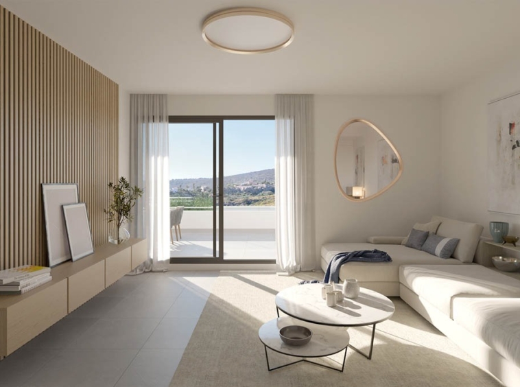 Illustration of a living room opening onto a terrace