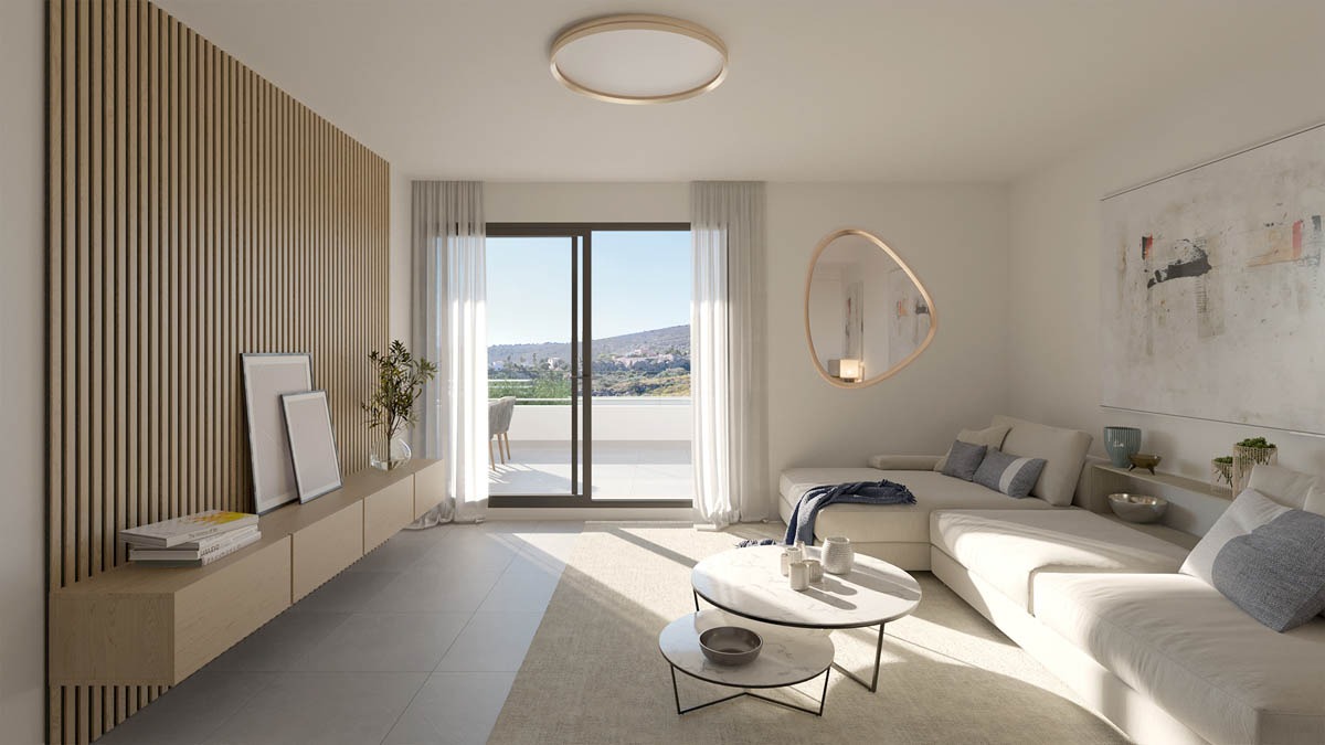 Illustration of a living room opening onto a terrace