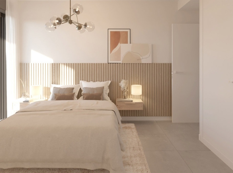 Illustration of a double bedroom with natural light